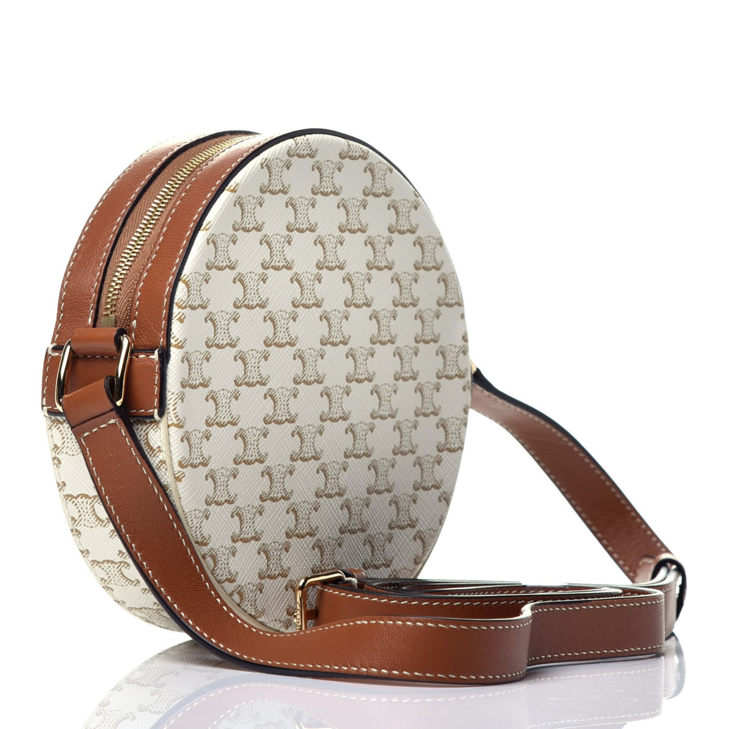 Lambskin Triomphe Canvas Round Purse On Strap White Tan