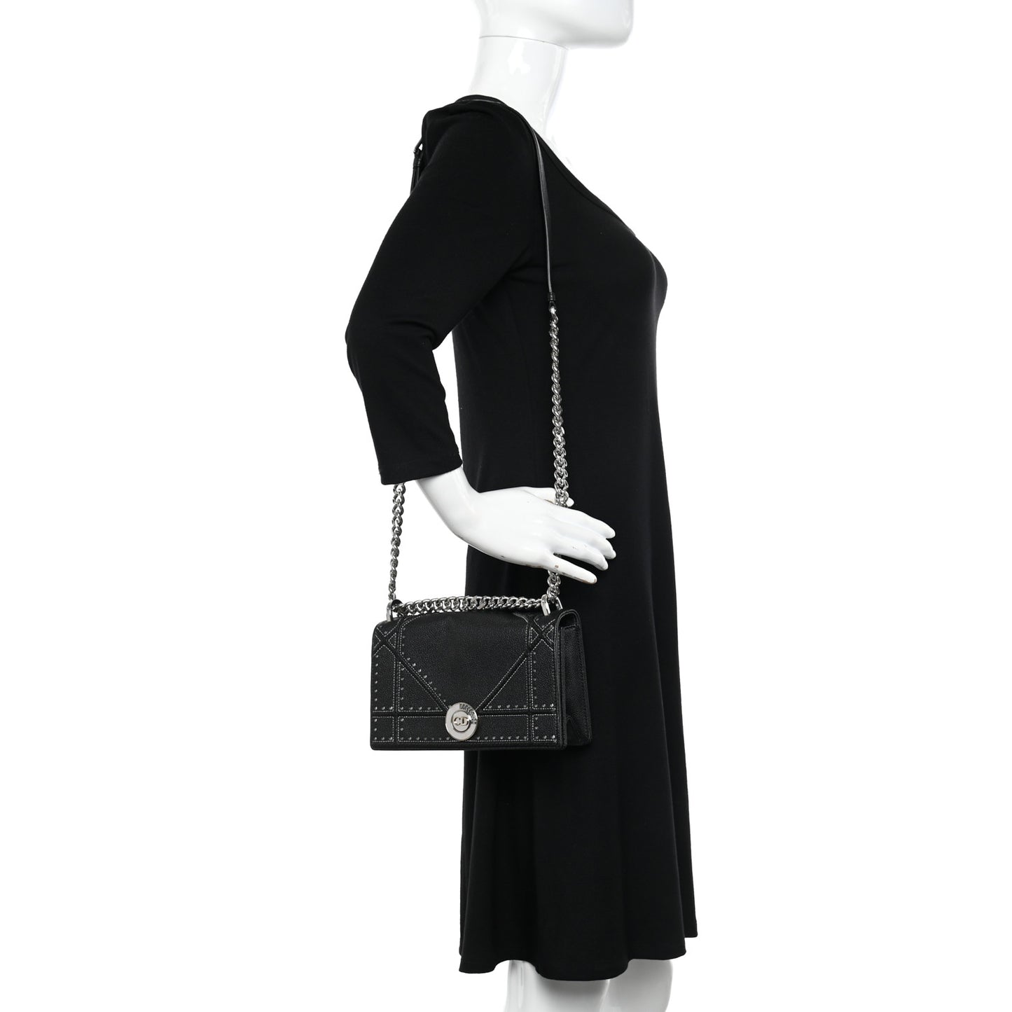Grained Calfskin Perforated Diorama Flap Bag Black