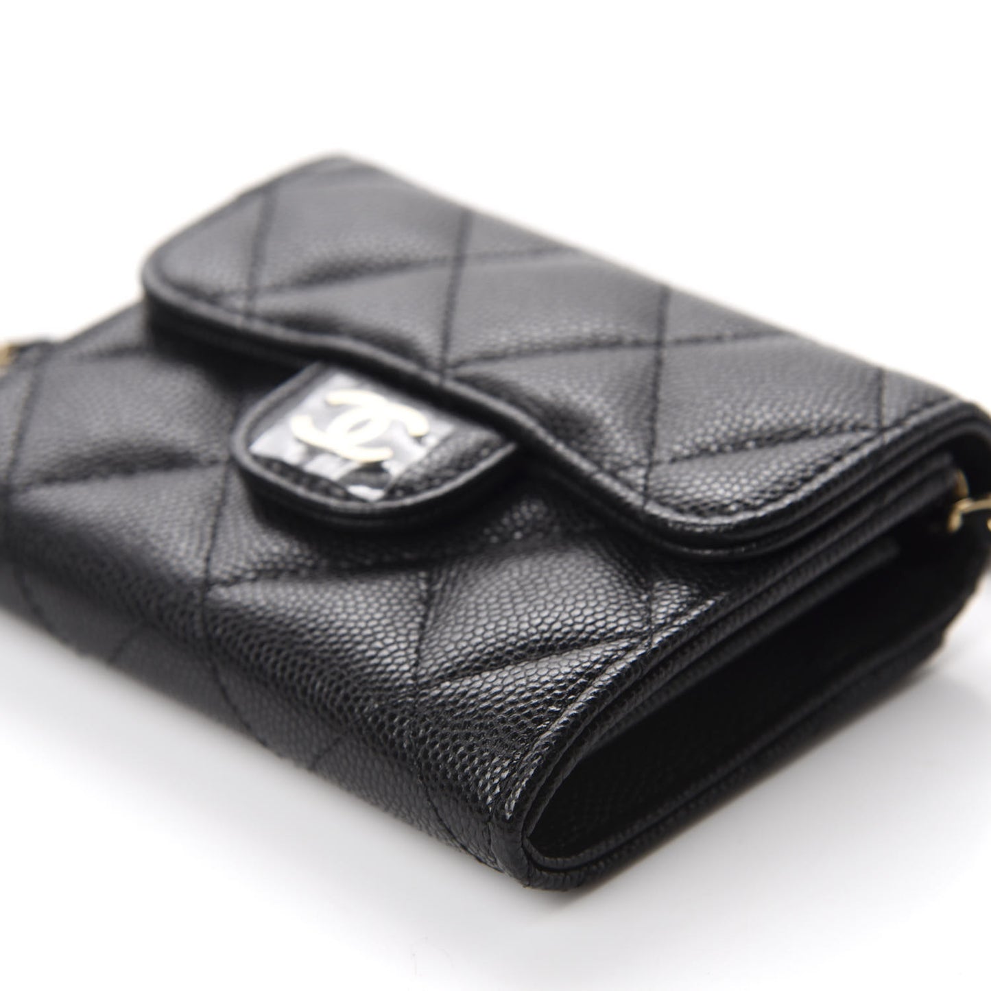 Caviar Quilted Flap Card Holder On Chain Black
