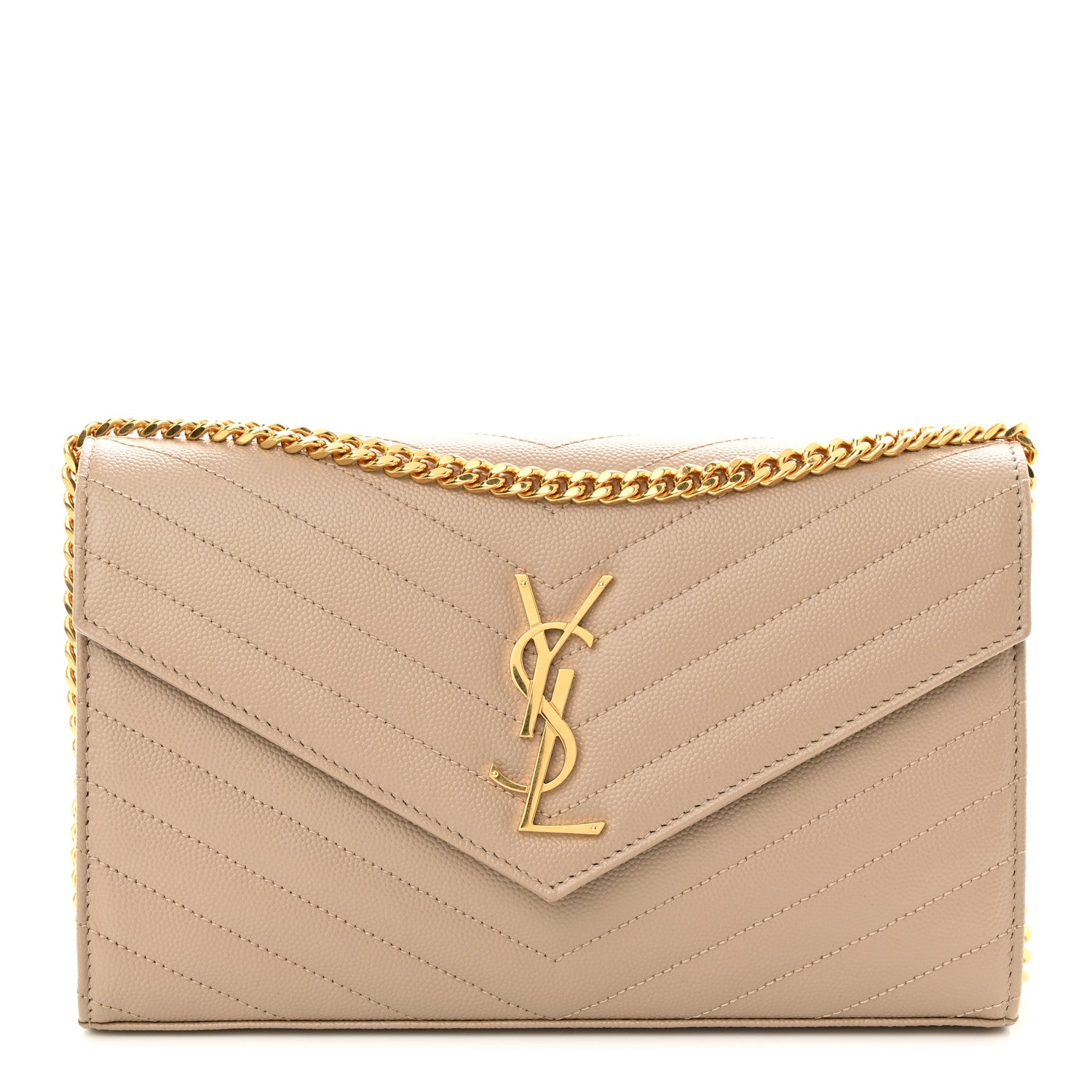 Saint Laurent Grain De Poudre Matelasse Chevron Monogram Chain Wallet Dark Beige 1 of 10