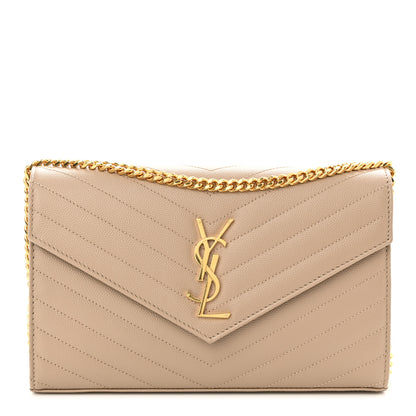 Saint Laurent Grain De Poudre Matelasse Chevron Monogram Chain Wallet Dark Beige 1 of 10