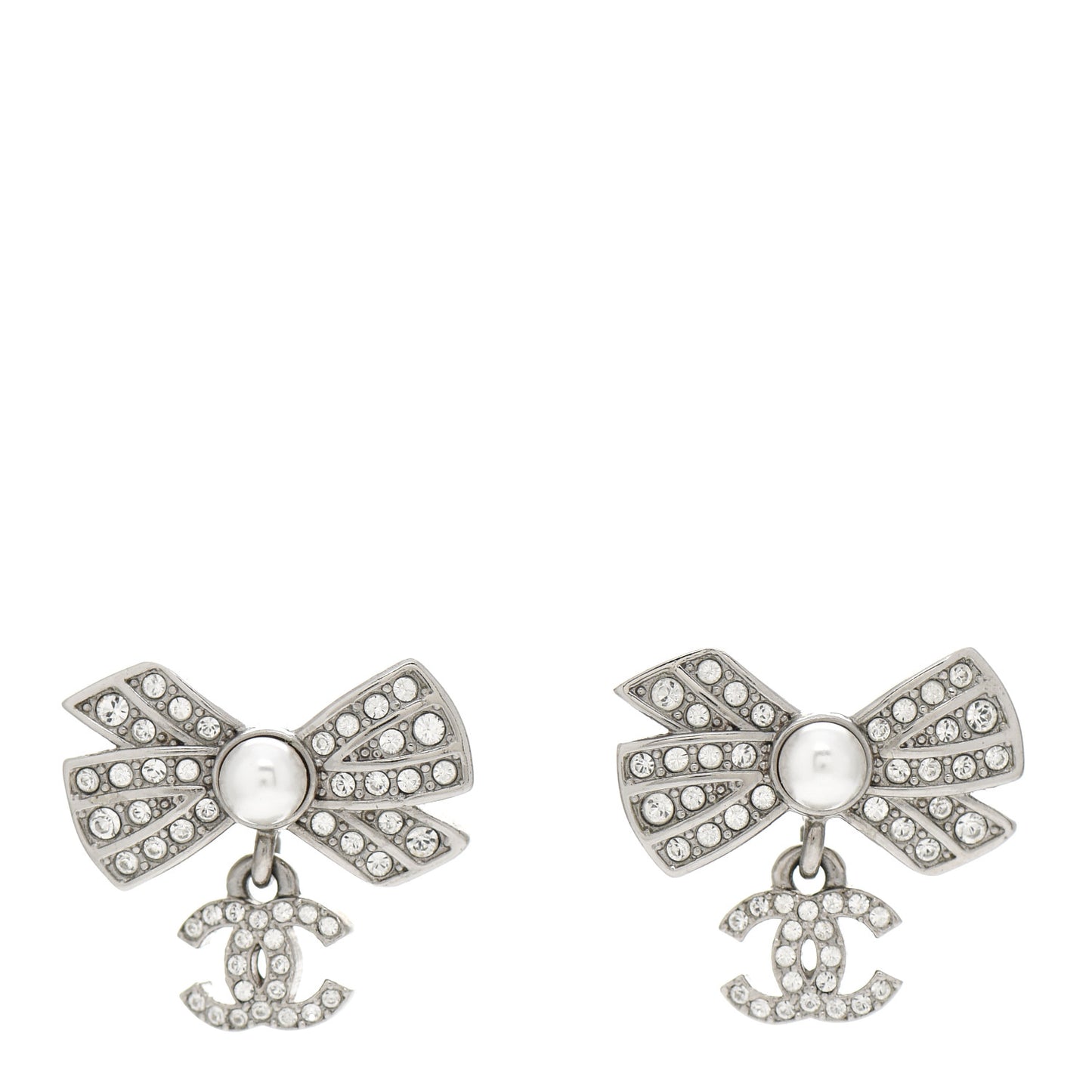 Crystal Pearl Bow CC Drop Earrings Silver