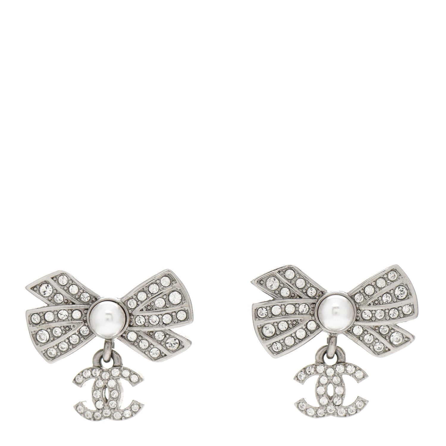 Chanel Crystal Pearl Bow CC Drop Earrings Silver 1 of 5