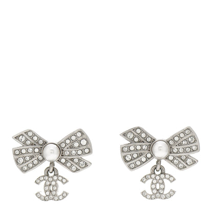 Chanel Crystal Pearl Bow CC Drop Earrings Silver 1 of 5