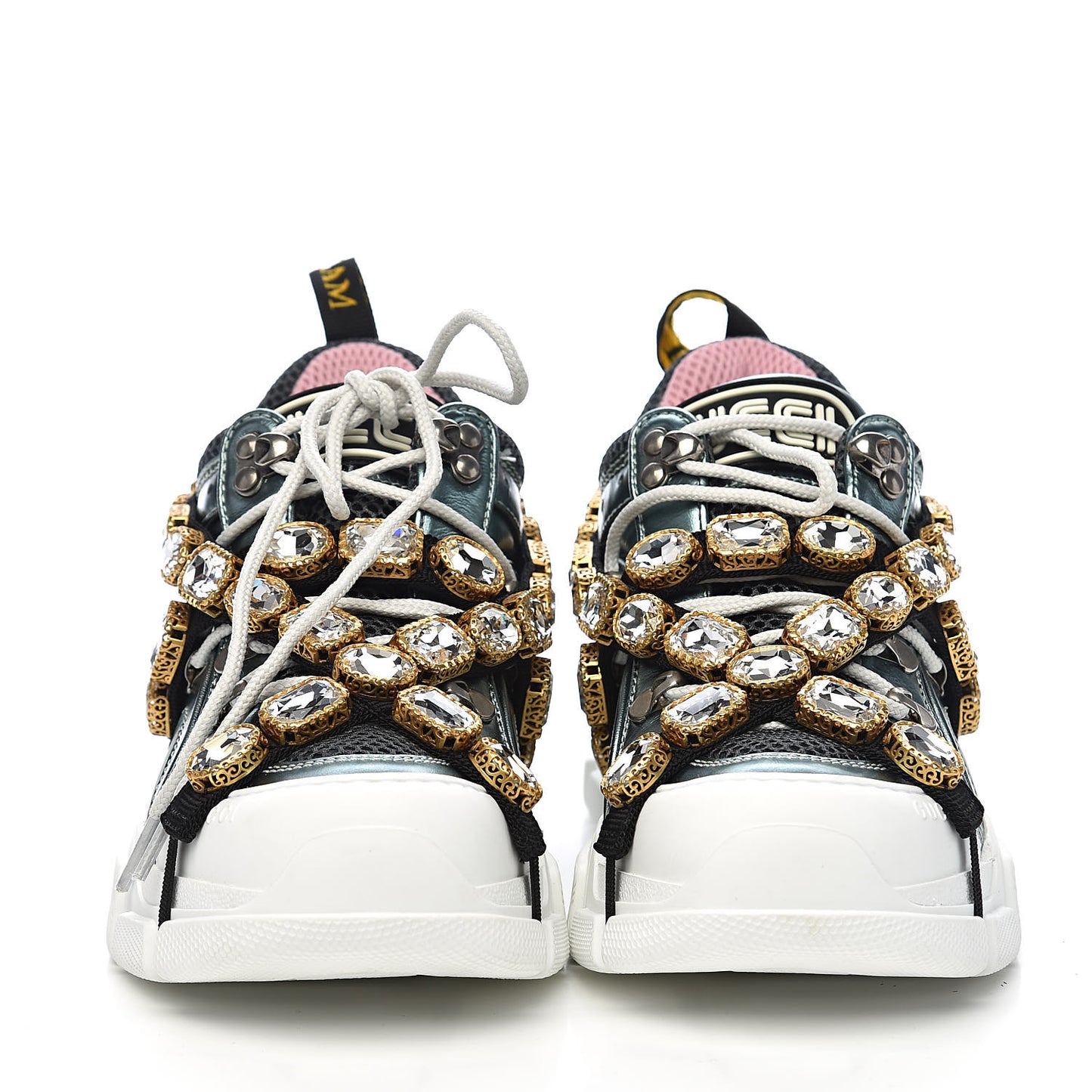 X SEGA Metallic Calfskin Removable Crystals Womens Flashtrek Sneakers 36 Lago Loess Silver