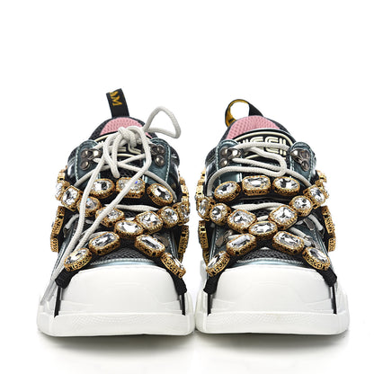 Gucci X SEGA Metallic Calfskin Removable Crystals Womens Flashtrek Sneakers 36 Lago Loess Silver 2 of 11
