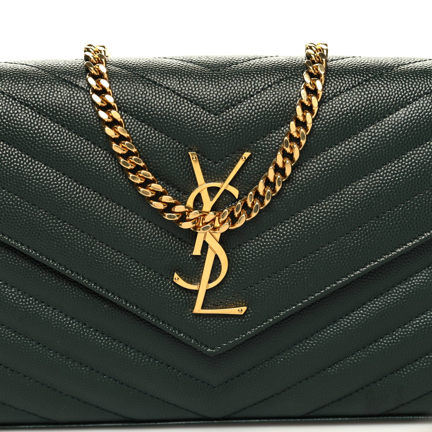 Saint Laurent Grain De Poudre Matelasse Chevron Monogram Chain Wallet Dark Green 8 of 10