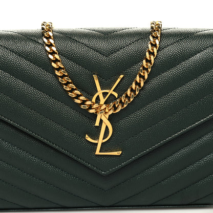 Saint Laurent Grain De Poudre Matelasse Chevron Monogram Chain Wallet Dark Green 8 of 10
