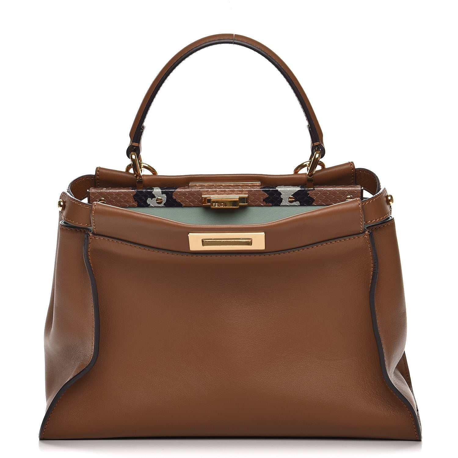 Fendi Vitello Seta Shiny Nappa Ayers Medium Peekaboo Iconic Satchel Brownie Menta 1 of 8
