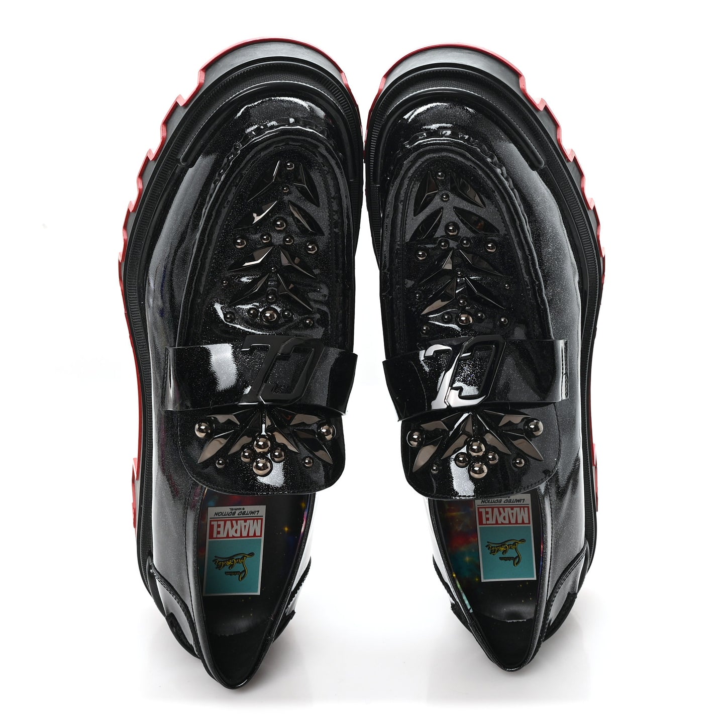 X Marvel Patent Calfskin The Amazing Loubi Loafers 46 Black Cosmos