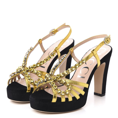 Gucci Velvet Nappa Crystal Zephyra Slingback Platform High Heel Sandals 36.5 Black Gold 3 of 9