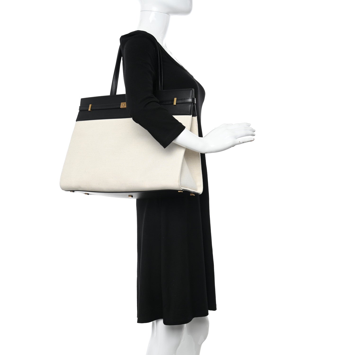 Saint Laurent Canvas Calfskin Medium Manhattan Shopper Tote Natural Black 2 of 11