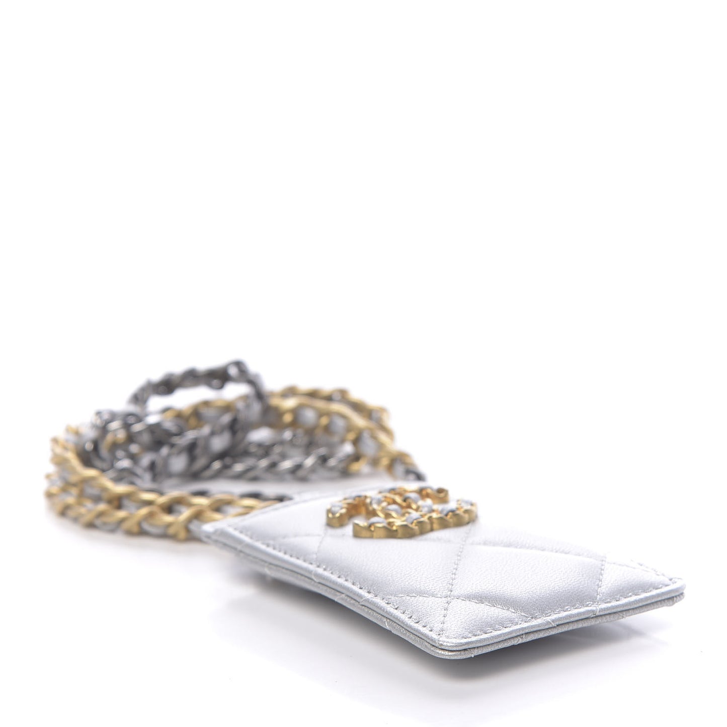 Metallic Goatskin Quilted 19 Card Holder On Chain Silver