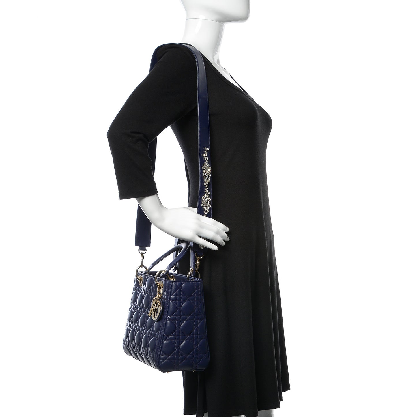 Lambskin Cannage Medium Lady Dior Crystal Strap Blue