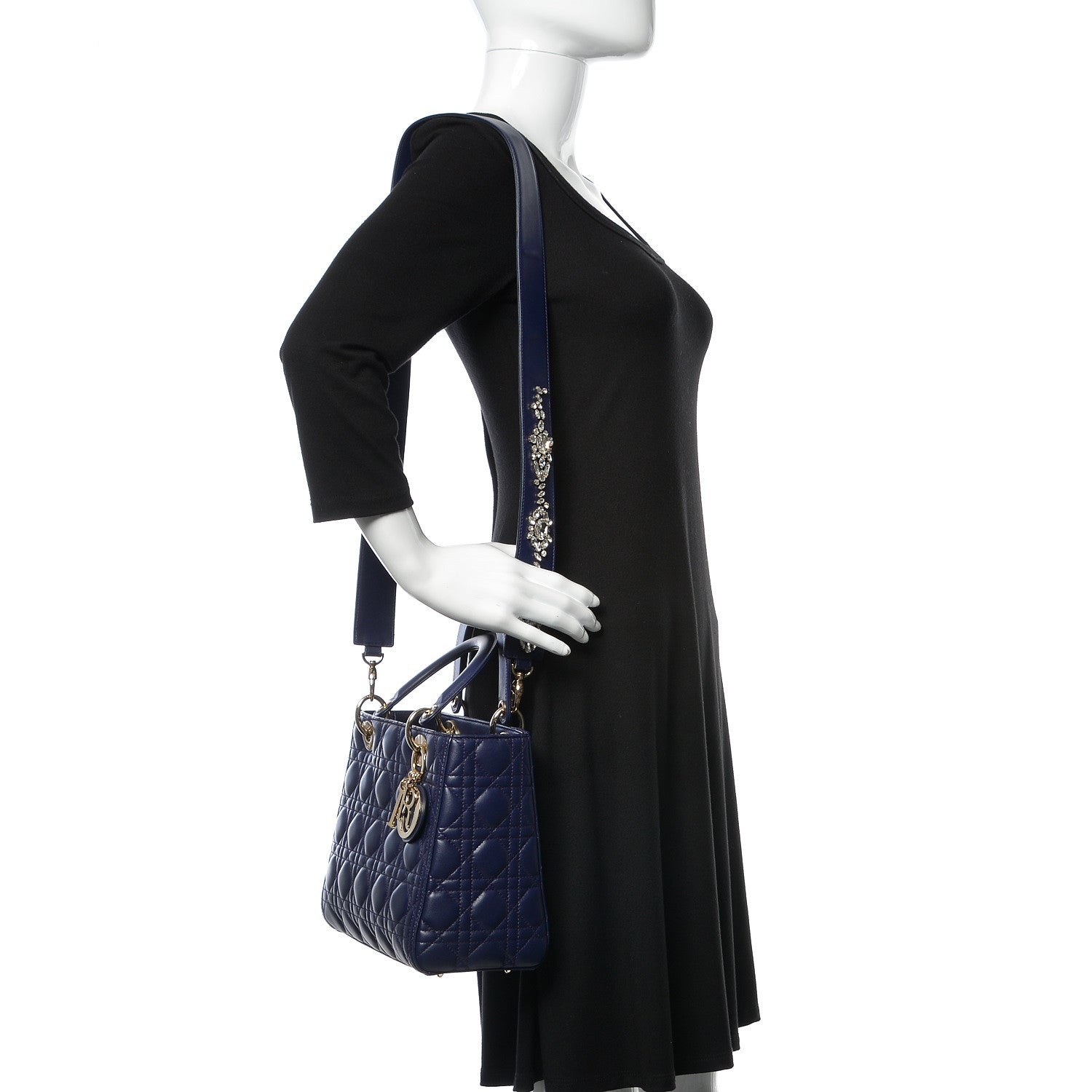 Christian Dior Lambskin Cannage Medium Lady Dior Crystal Strap Blue 2 of 9