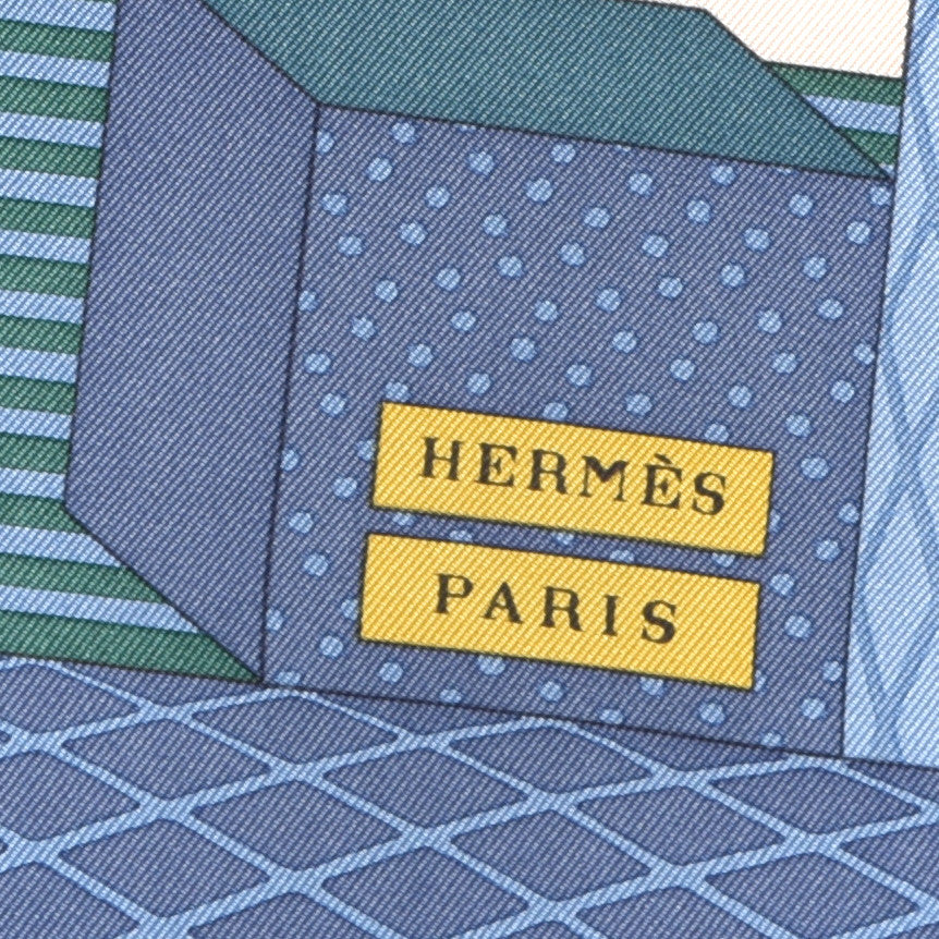 Silk Twill Grande Theatre Nouveau Scarf 90 Bleu Jean Vert Moutarde
