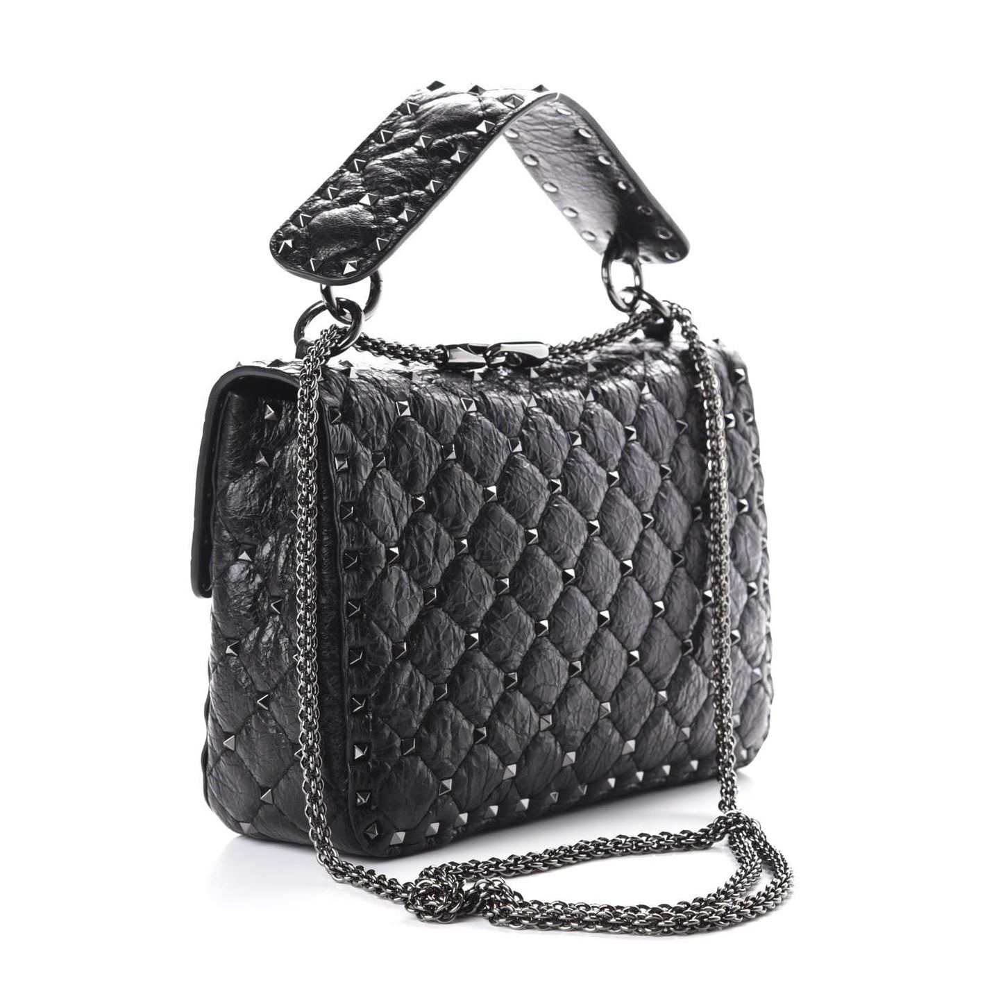 Craquele Nappa Medium Rockstud Spike Shoulder Bag Black