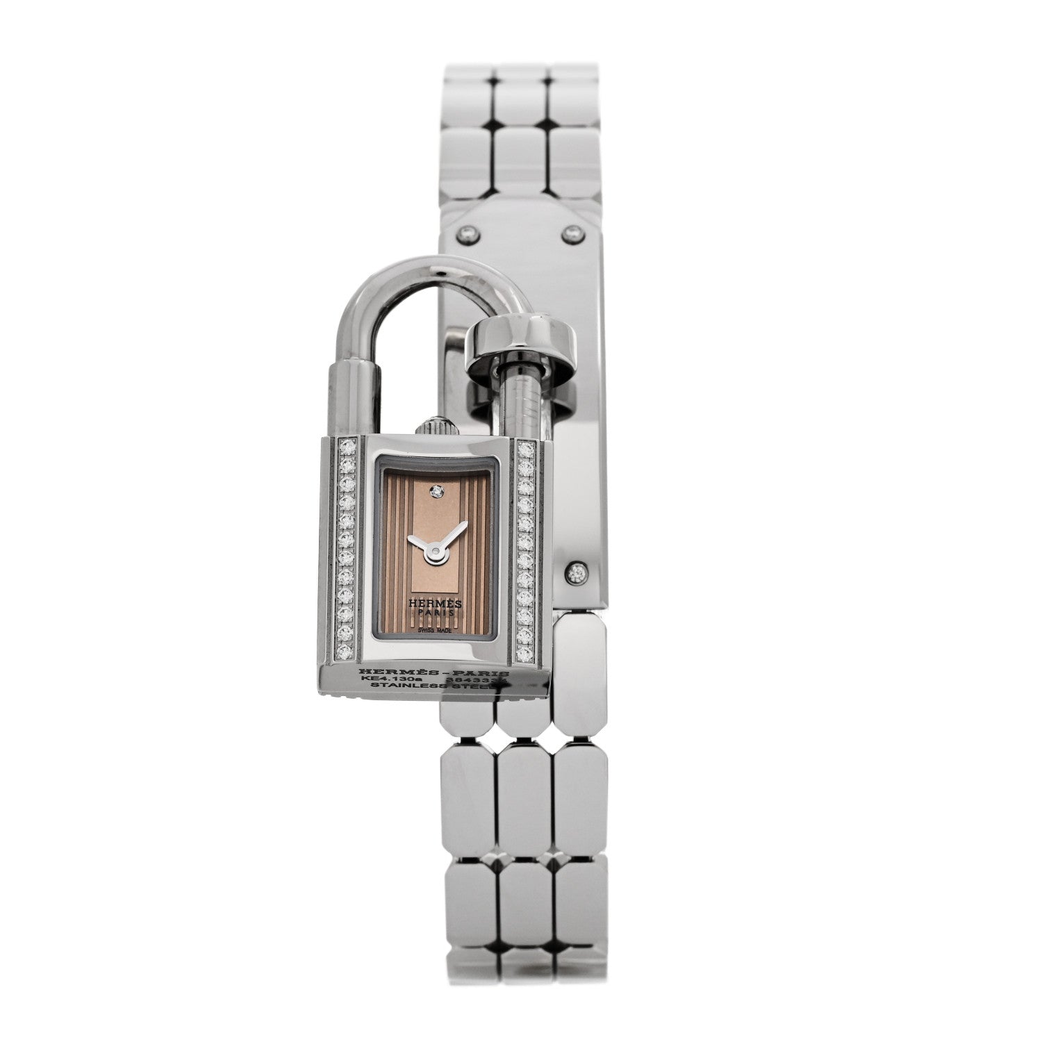 Hermes Stainless Steel Diamond Pave 16mm Kelly Quartz Watch Copper Rose 1 of 5