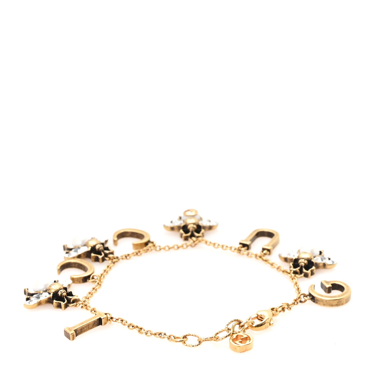 Gucci Crystal Pearl Bee Logo Charm Bracelet Aged Gold 3 of 6