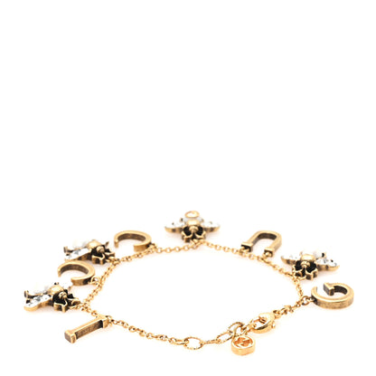 Gucci Crystal Pearl Bee Logo Charm Bracelet Aged Gold 3 of 6