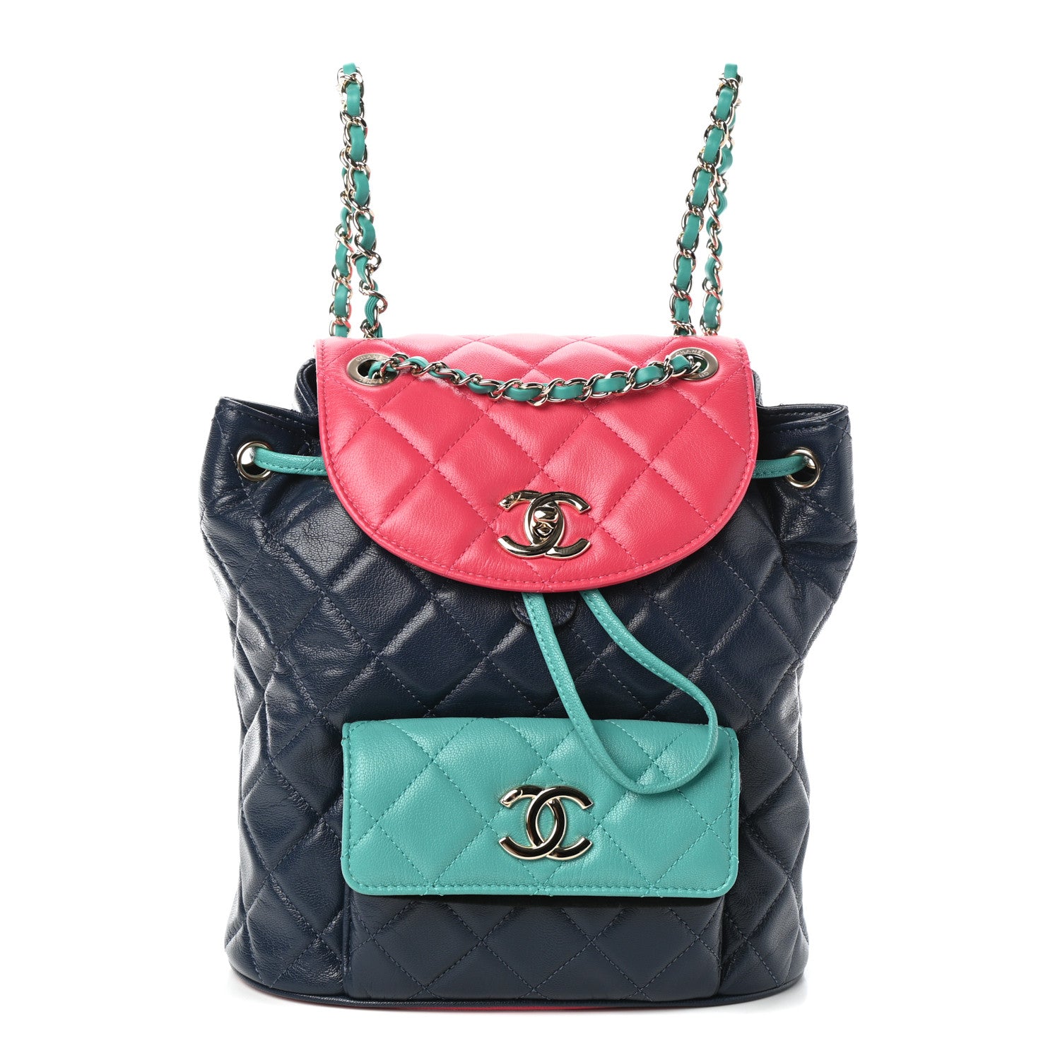 Chanel Goatskin Quilted Duma Drawstring Backpack Navy Turquoise Pink 1 of 10