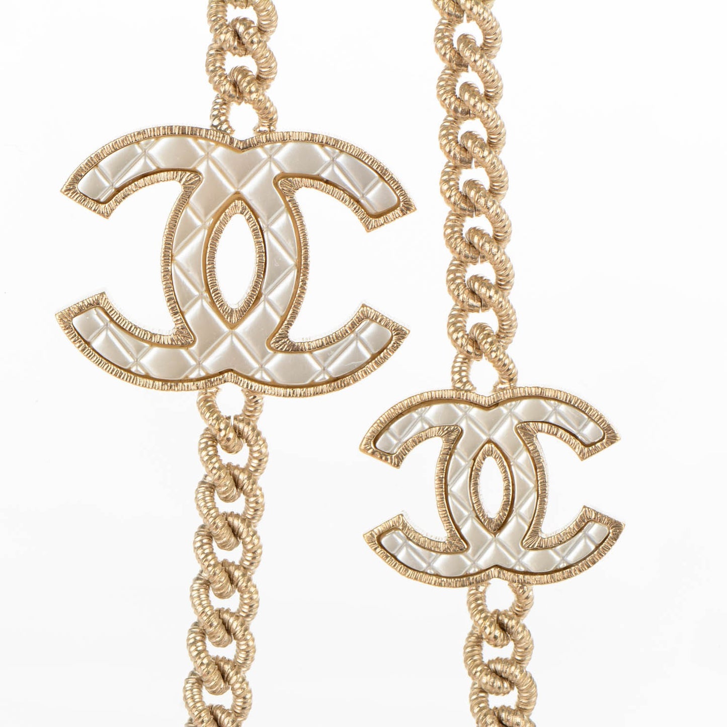 Quilted Pearl CC Long Chain Necklace Gold