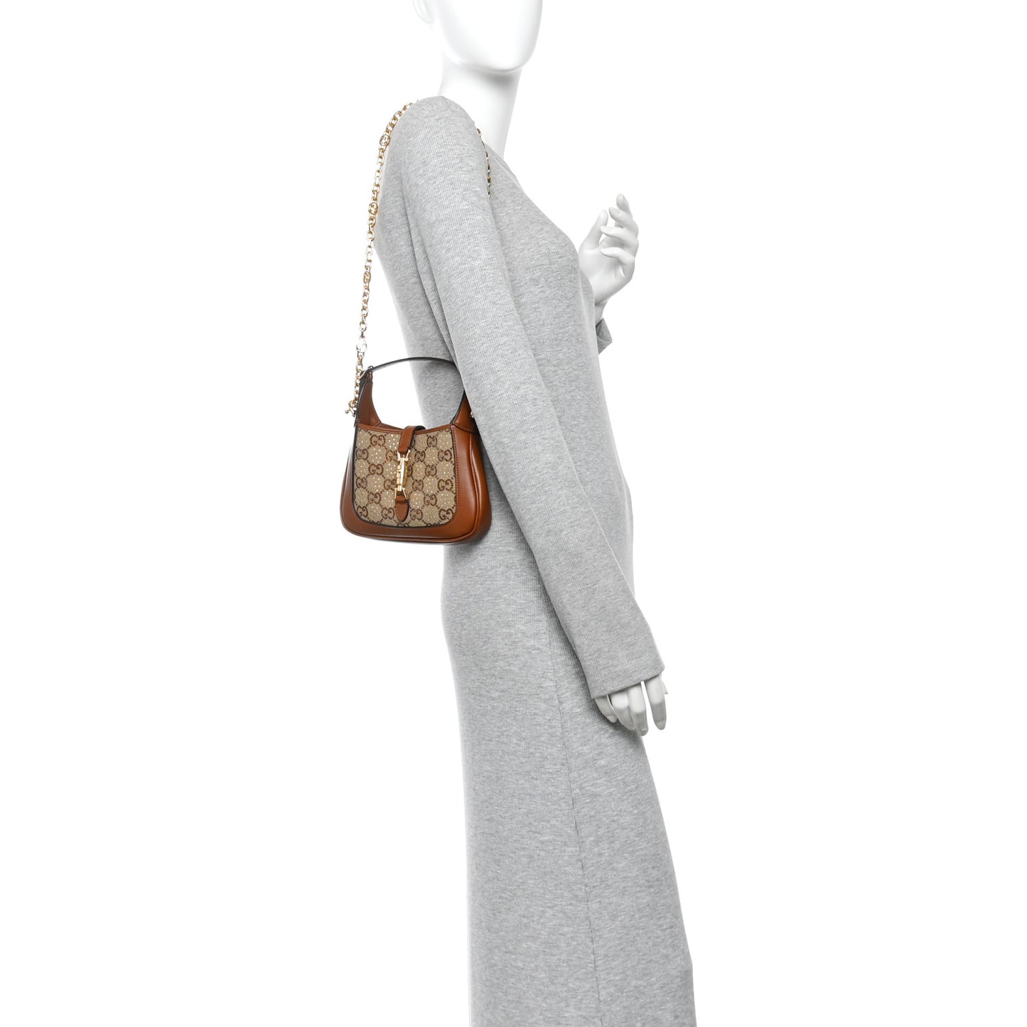 New Canvas Charisma Calfskin Crystal GG Monogram Mini Jackie 1961 Hobo Camel Ebony
