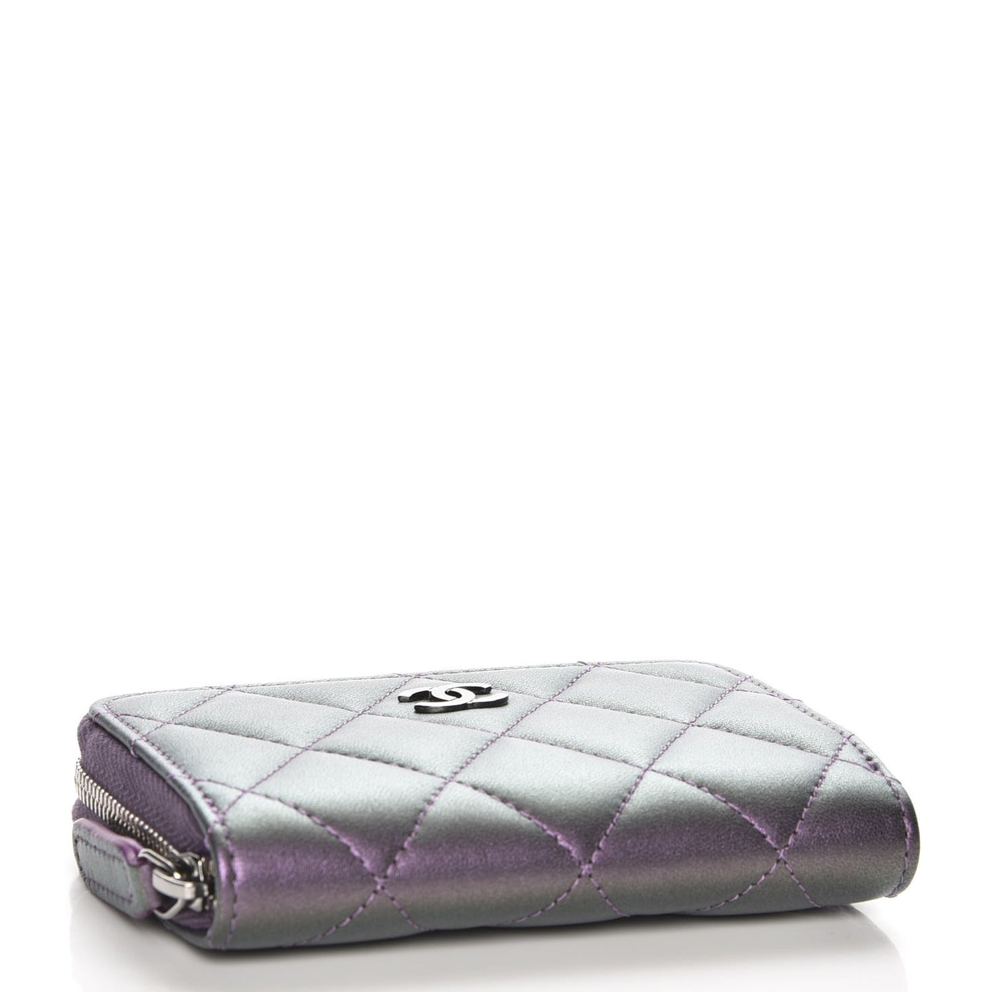 Metallic Lambskin Quilted Zip Around Coin Purse Wallet Purple