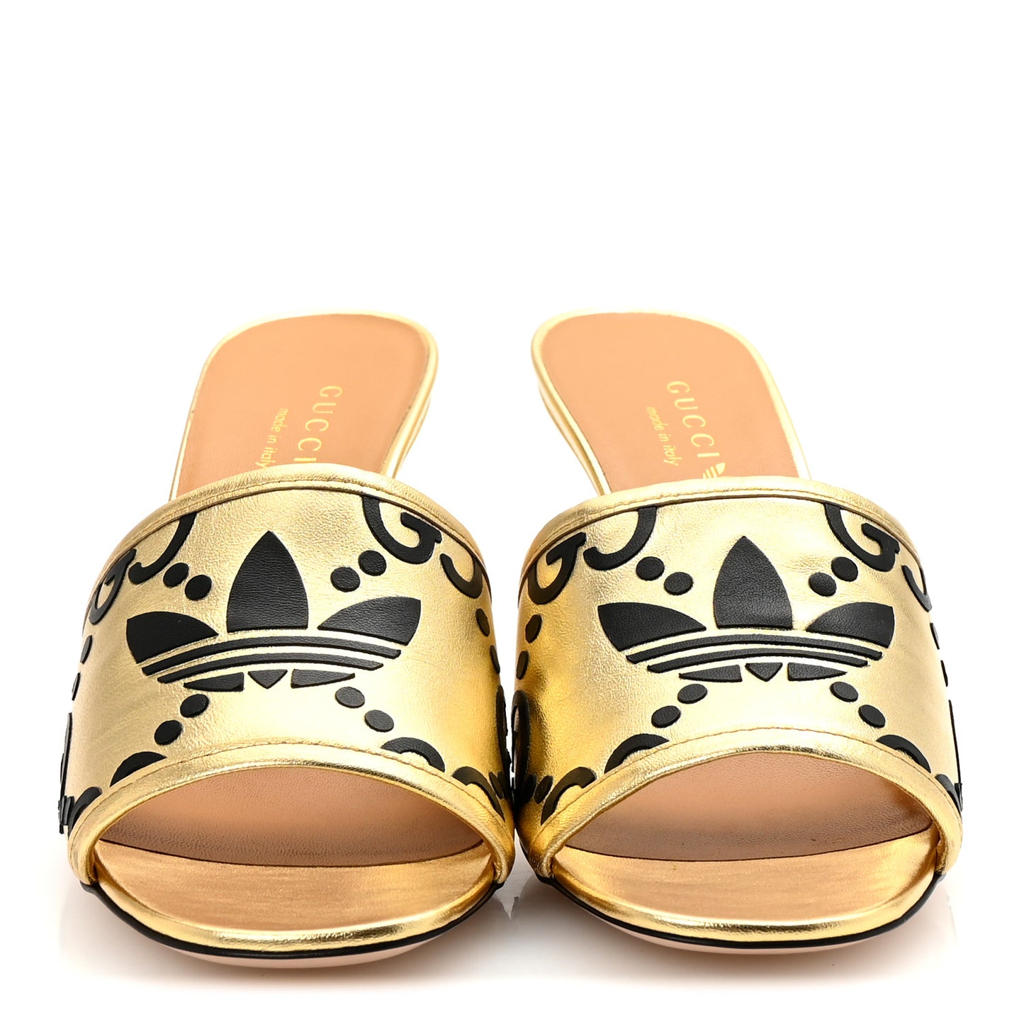 X ADIDAS Nappa Silk Charlotte Monogram Jumbo GG Trefoil 75mm Slide Sandals 37 King Gold Black
