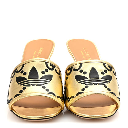Gucci X ADIDAS Nappa Silk Charlotte Monogram Jumbo GG Trefoil 75mm Slide Sandals 37 King Gold Black 3 of 10