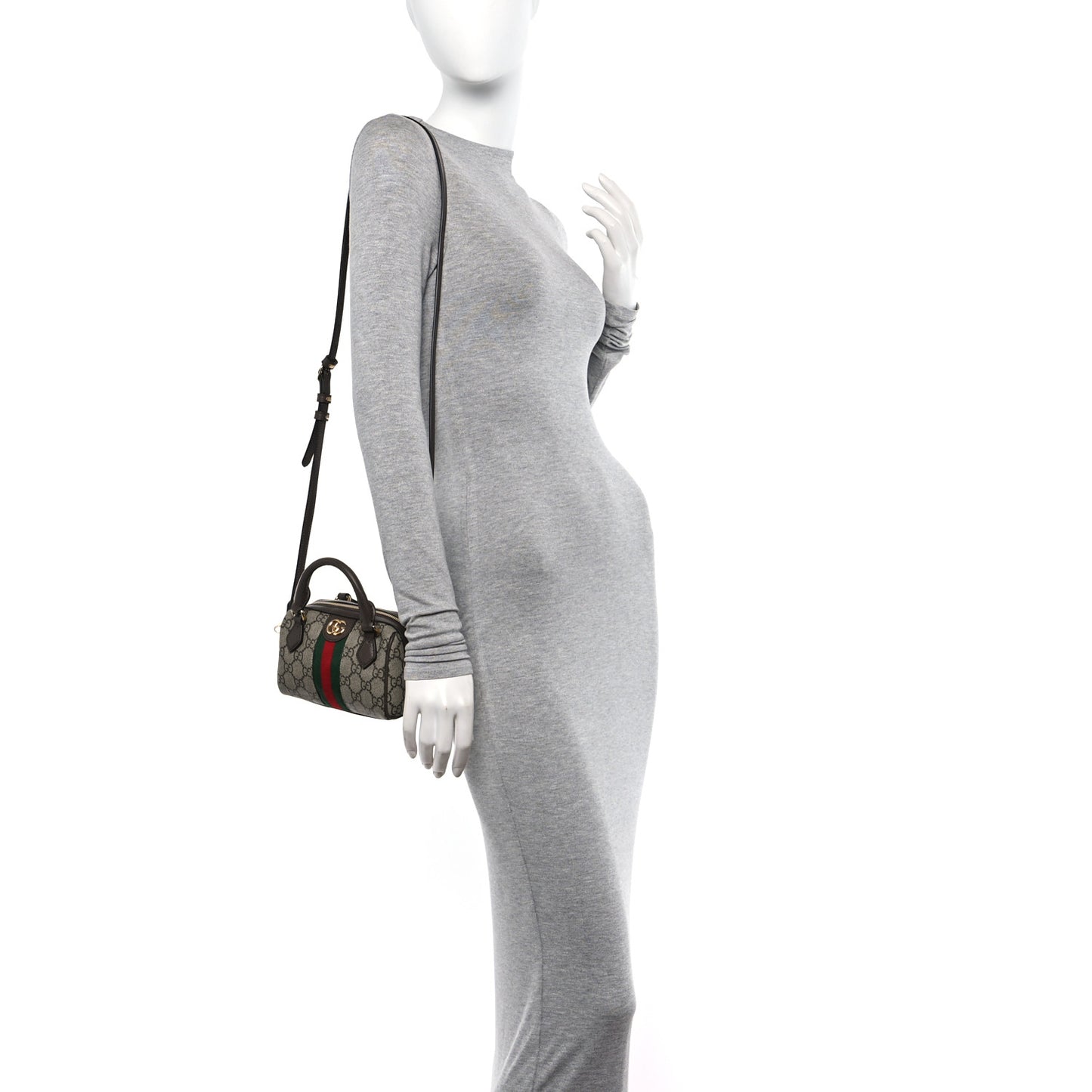 GG Supreme Monogram Textured Dollar Calfskin Web Super Mini Ophidia Top Handle Bowler Bag Beige Ebony New Acero