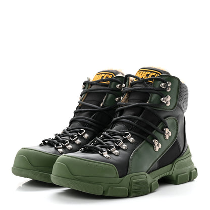 Gucci X SEGA Calfskin Suede Shearling Mens Flashtrek High-Top Sneakers 7.5 Black Olive Green 3 of 8