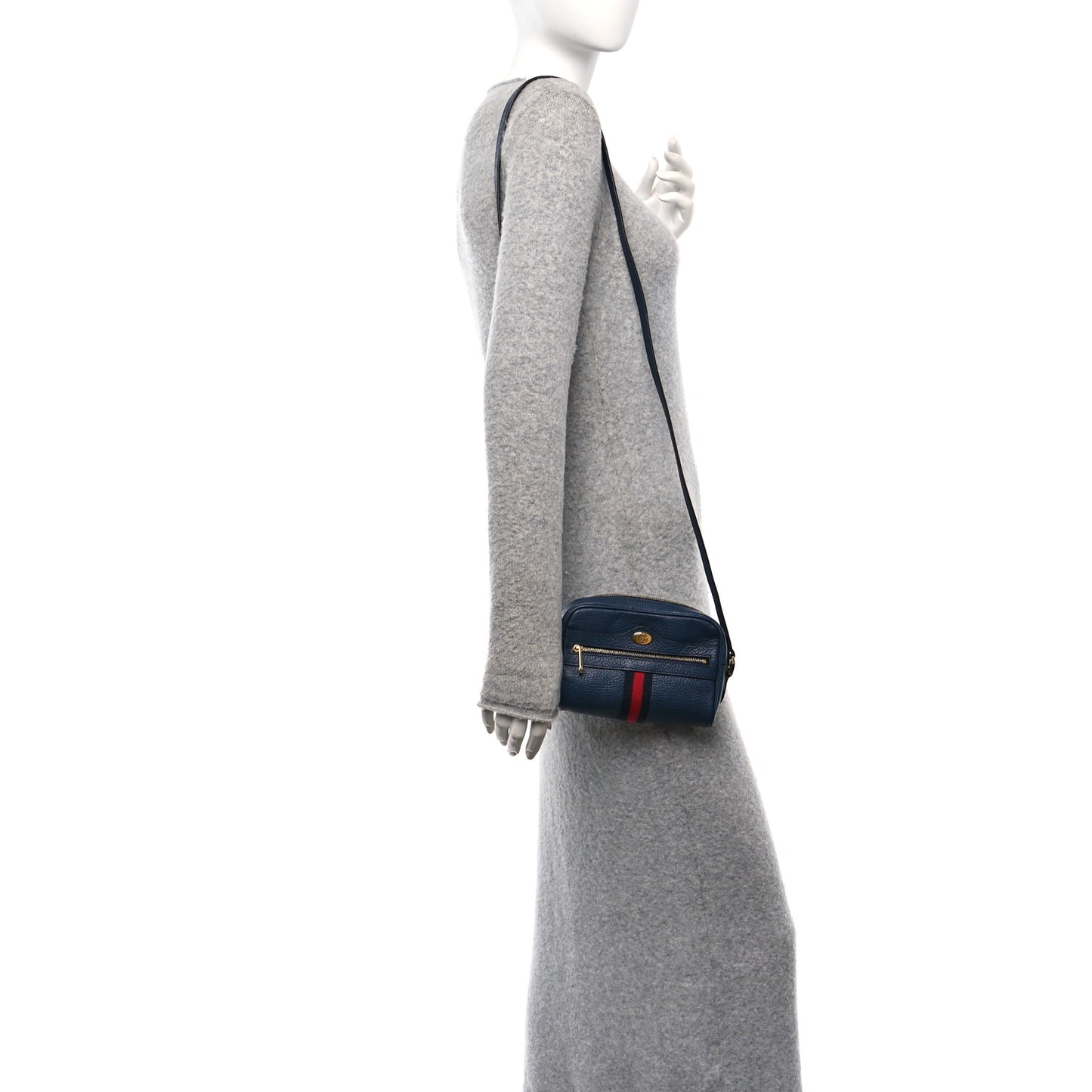 Textured Calfskin Web Mini Ophidia Shoulder Bag Blue Agata