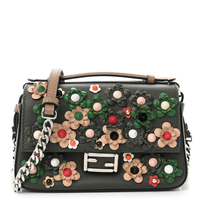 Fendi Vitello Dolce Crystal Flowerland Bi-Color Micro Double Baguette Verde Prato Black 1 of 10