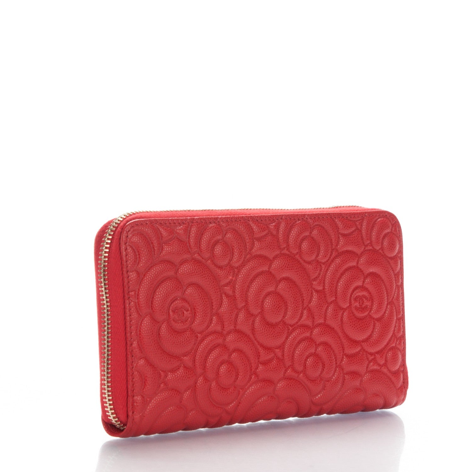 Chanel Caviar Camellia Embossed Zip Around Large Gusset Wallet Red 3 of 8