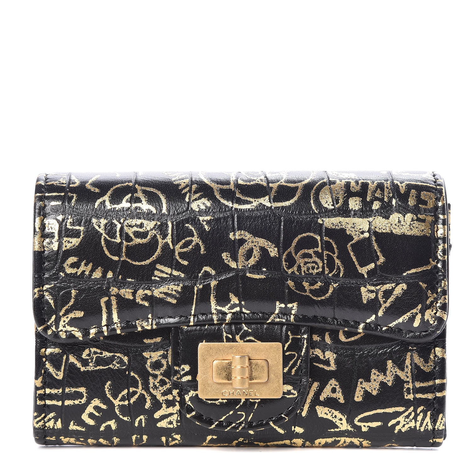 Chanel Calfskin Crocodile Embossed Graffiti 2.55 Cocodile Reissue Flap Card Holder Black Gold 1 of 9