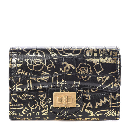 Chanel Calfskin Crocodile Embossed Graffiti 2.55 Cocodile Reissue Flap Card Holder Black Gold 1 of 9