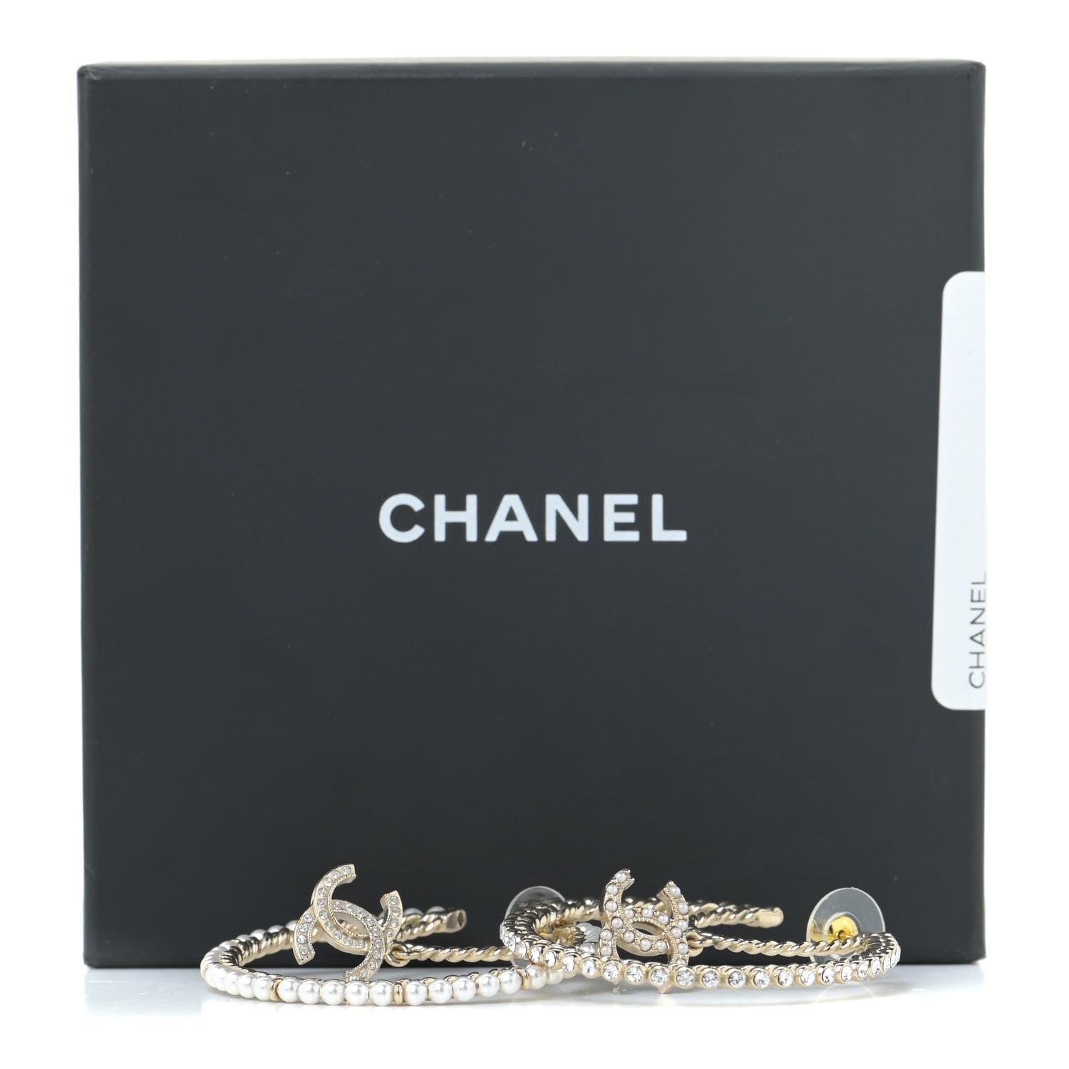Chanel Crystal Pearl CC Drop Hoop Earrings Gold Pearly White 5 of 5