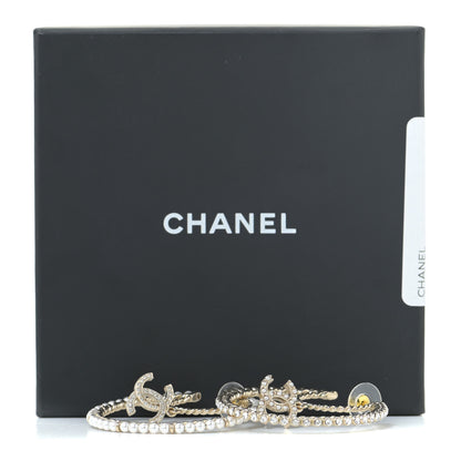 Chanel Crystal Pearl CC Drop Hoop Earrings Gold Pearly White 5 of 5