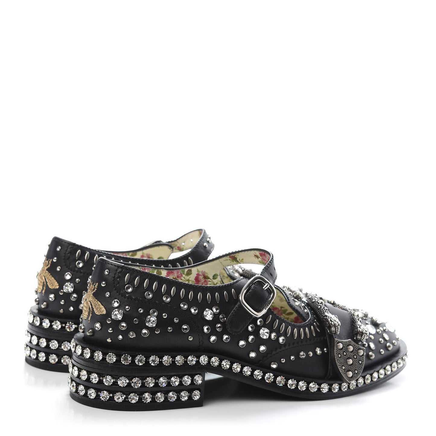 Calfskin Crystal Studded Womens Queercore Brogue Monk Strap Loafers 37.5 Black