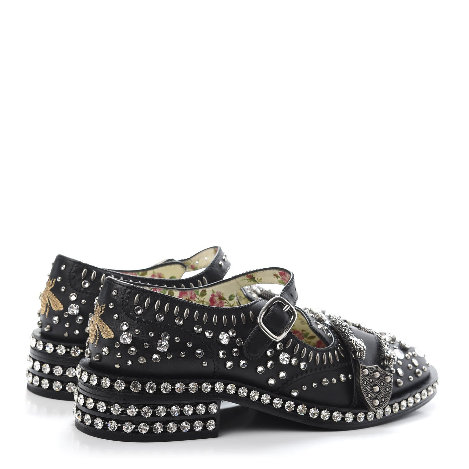 Gucci Calfskin Crystal Studded Womens Queercore Brogue Monk Strap Loafers 37.5 Black 4 of 10
