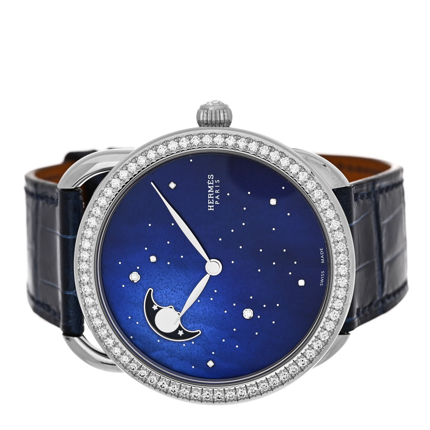 Hermes Stainless Steel Alligator Diamond Bezel Blue Mother of Pearl 38mm Arceau Petite Lune Automatic Watch Bleu Saphir 2 of 5