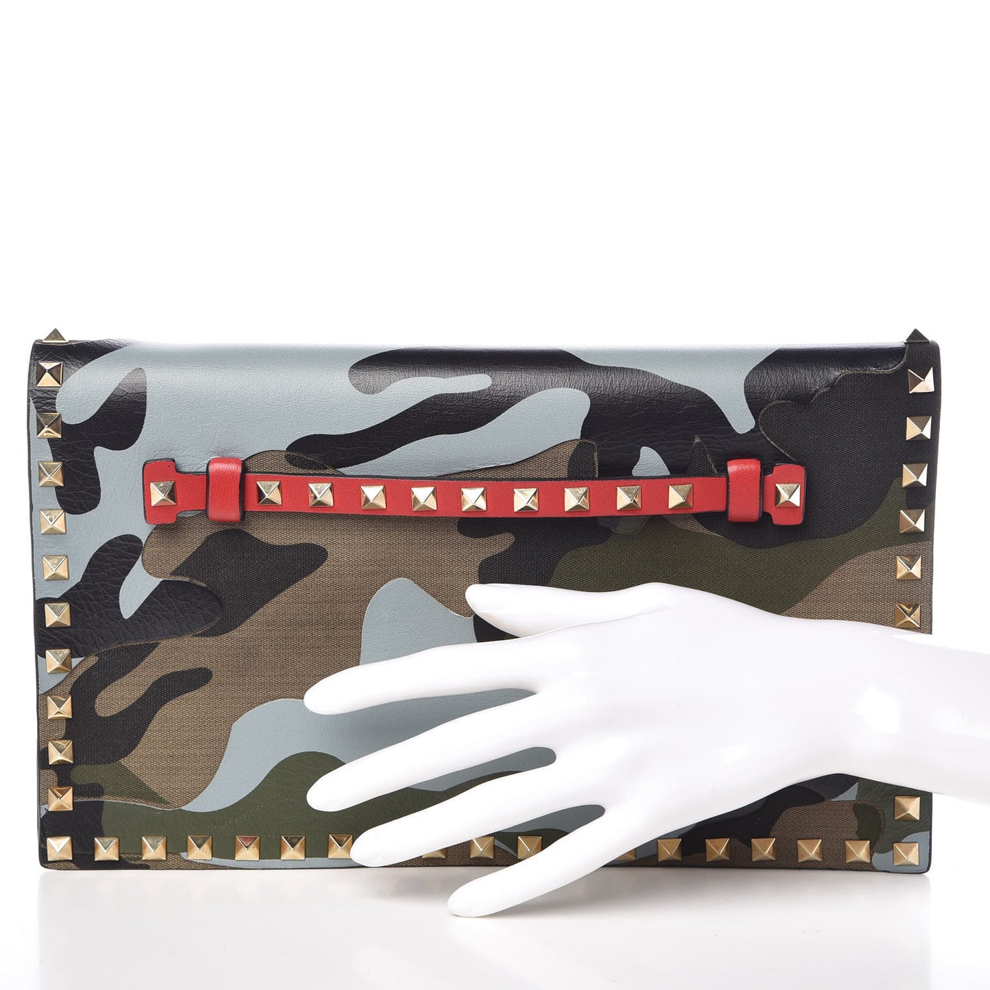 Nappa Canvas Camouflage Rockstud Wristlet Clutch Multicolor