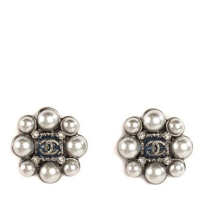 Chanel Pearl Crystal CC Earrings Ruthenium 1 of 6