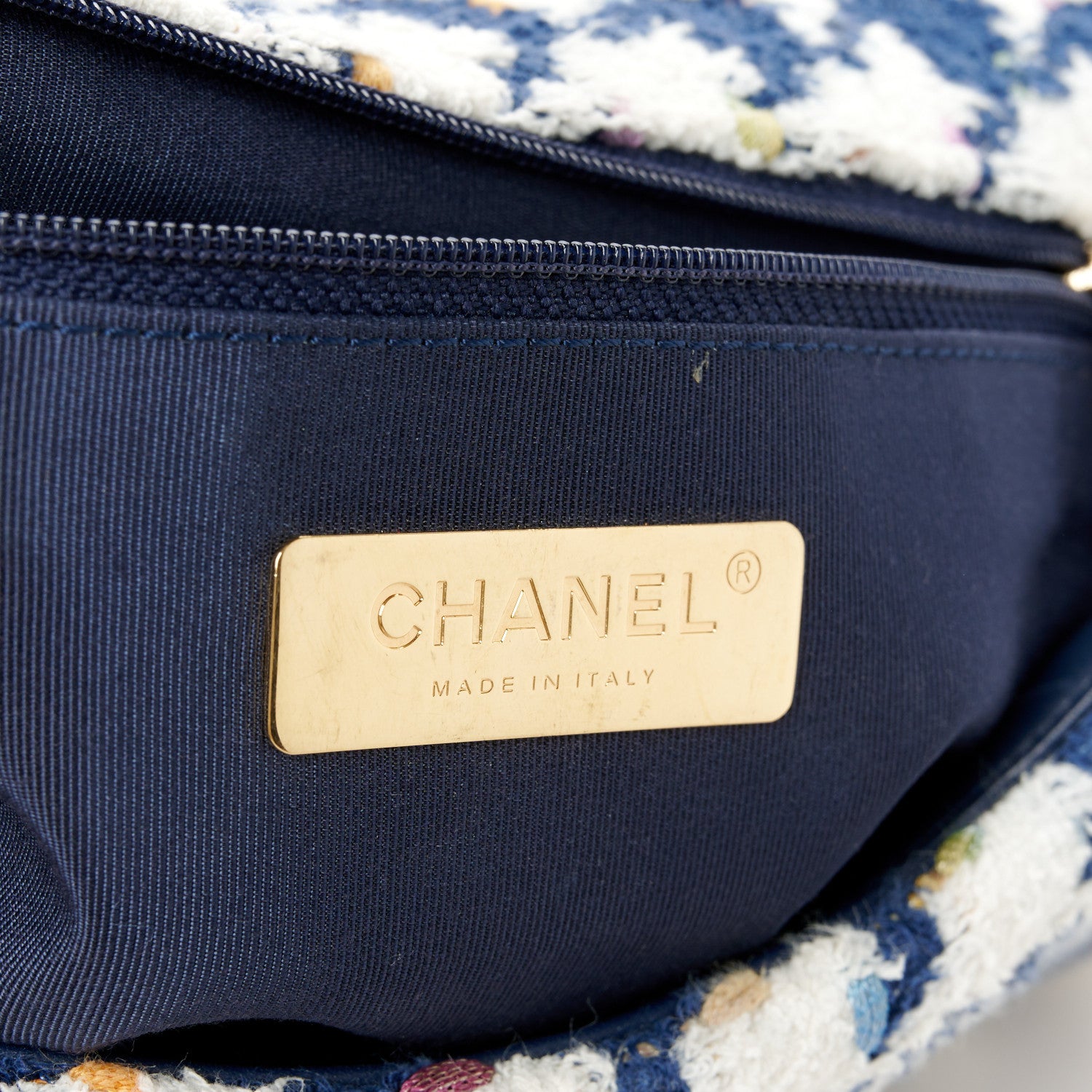 Chanel Tweed Quilted Large Chanel 19 Flap Ecru Navy Blue Multicolor 6 of 10