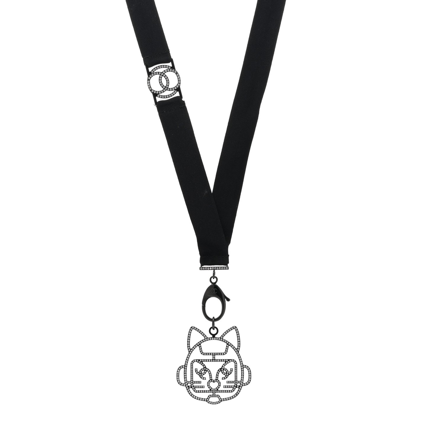 Crystal CC Emoji Robot Cat Lanyard Necklace Black Silver