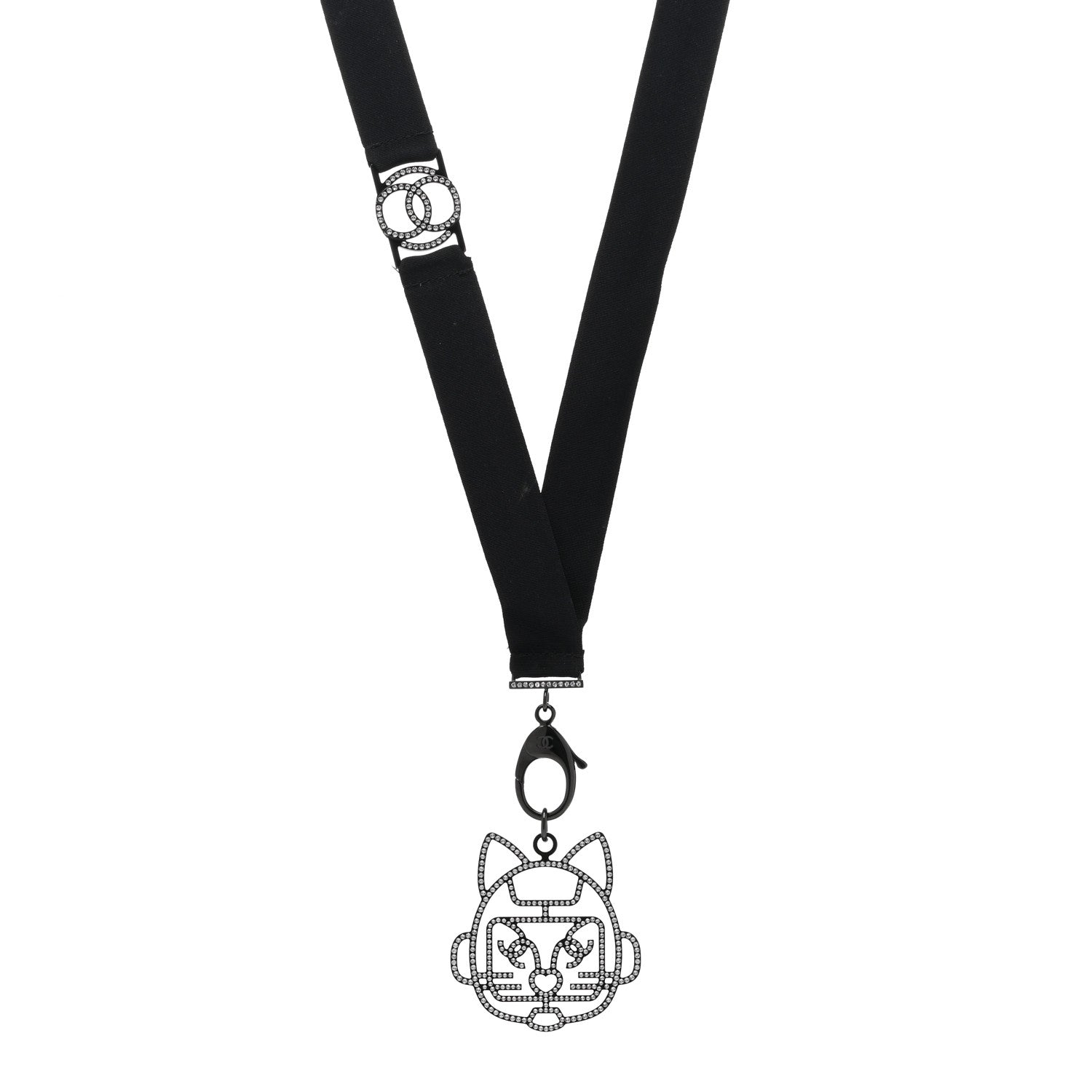 Chanel Crystal CC Emoji Robot Cat Lanyard Necklace Black Silver 1 of 5