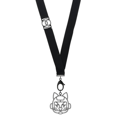 Chanel Crystal CC Emoji Robot Cat Lanyard Necklace Black Silver 1 of 5