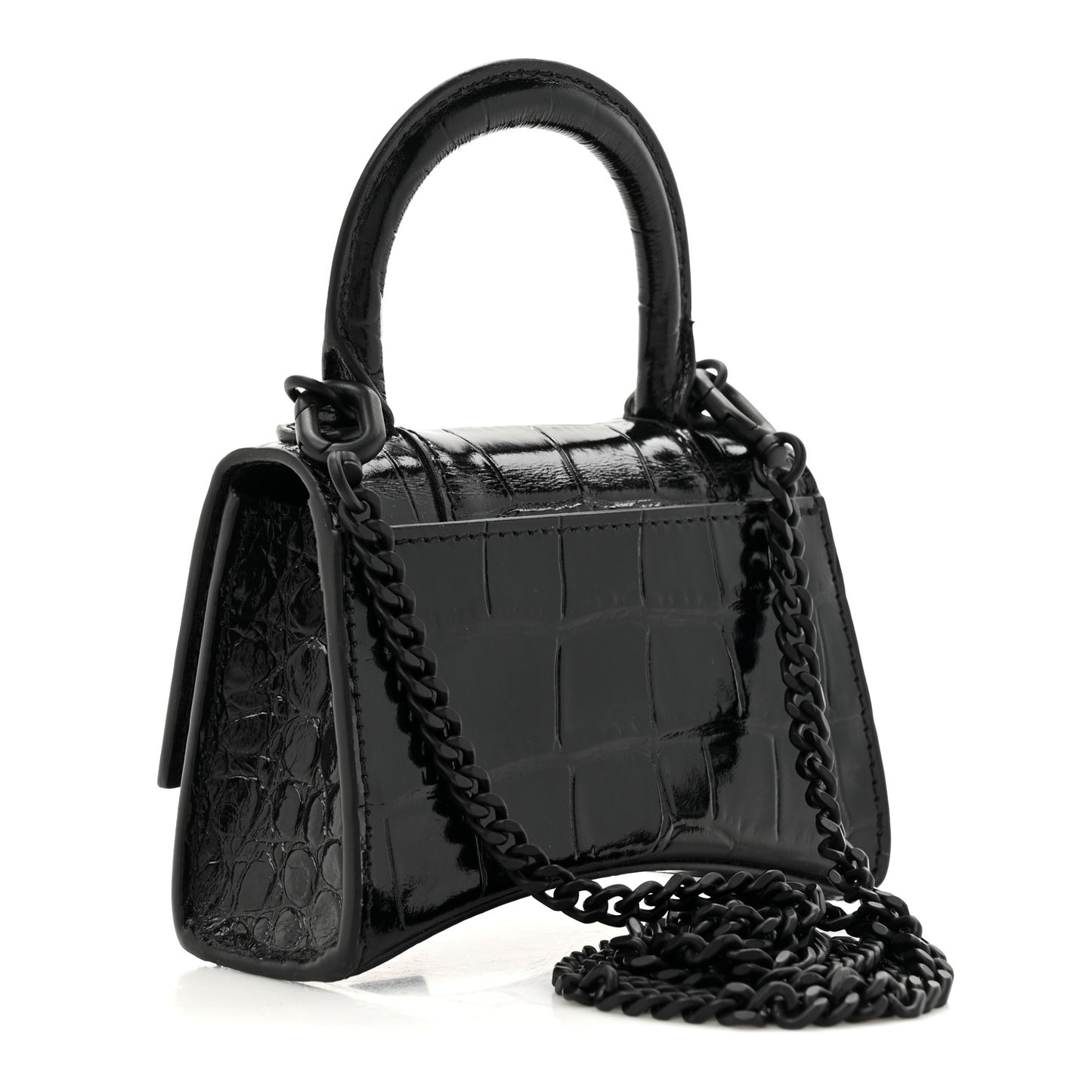 Shiny Calfskin Monochrome Crocodile Embossed Hourglass Top Handle Bag Mini with Chain Black