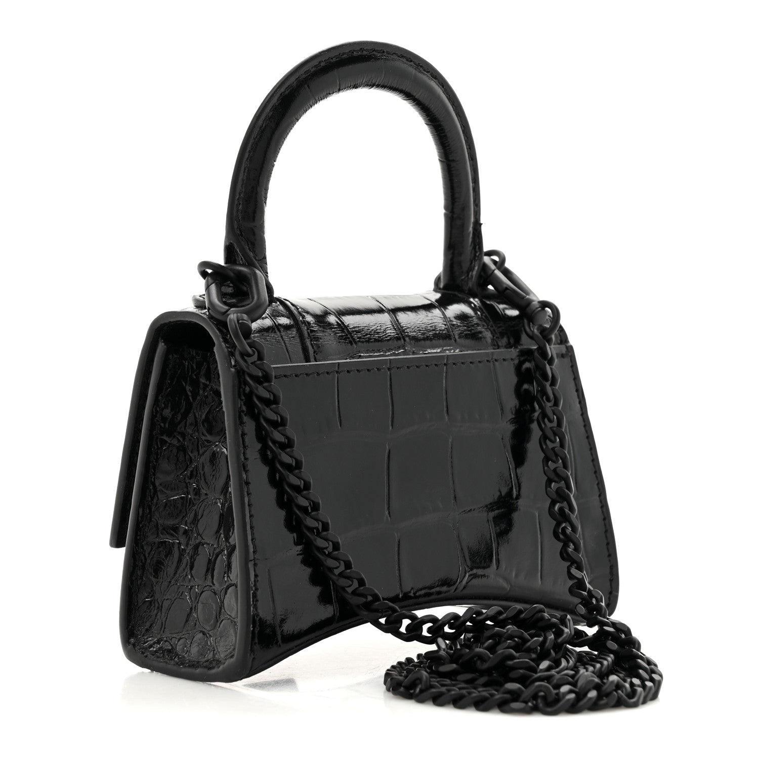 Balenciaga Shiny Calfskin Monochrome Crocodile Embossed Hourglass Top Handle Bag Mini with Chain Black 3 of 11